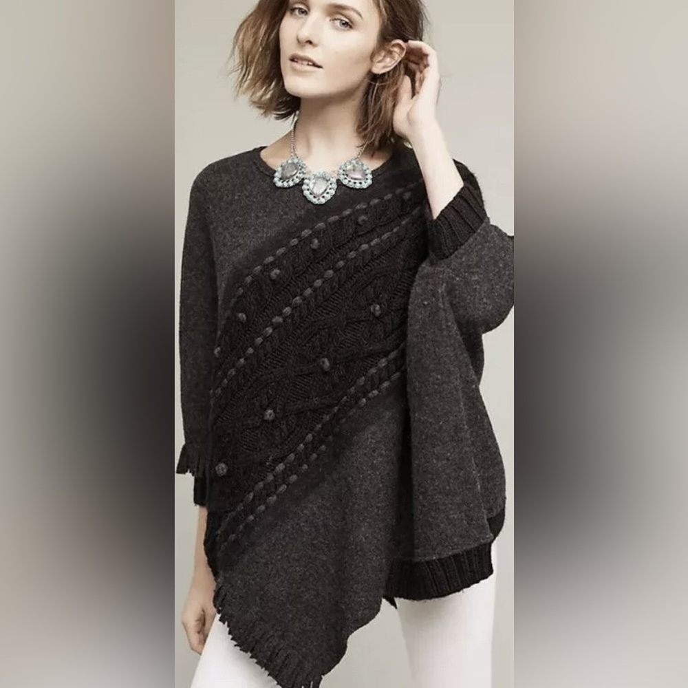 Sleeping on Snow Anthro Black Gray Boho Poncho Sweater Wool Alpaca Blend M/L